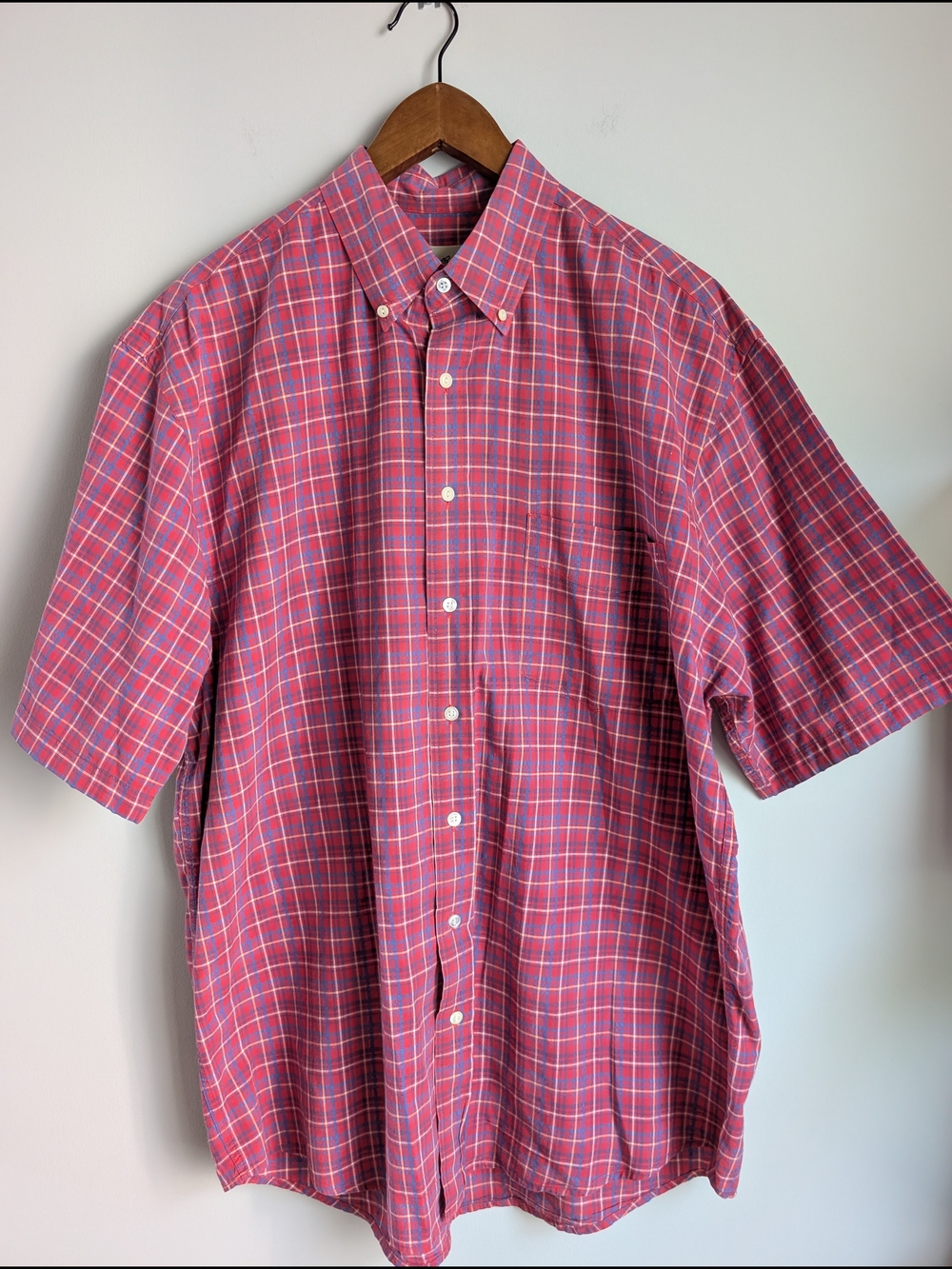 Eddie Bauer Shirt Men's Size Large Tall Red Plaid Short Sleeve Button Up Taiwan